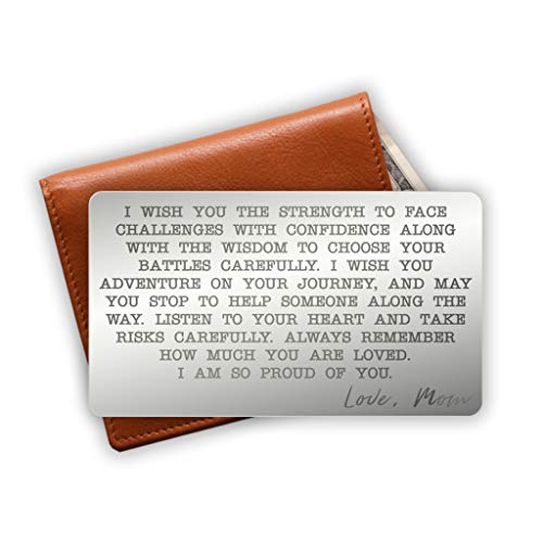 Engraved Stainless Steel Wallet Card Insert - Son Gift Idea from Mom - Unique Mini Love Note to Son from Mother - Graduation Gift (Silver)