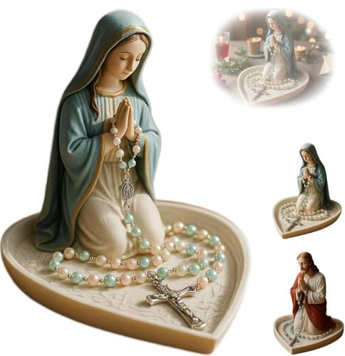 Virgin Mary Rosary Holder - Elegant Our Lady Prayer Rosary Box Jesus Rosary Stand Christian Home Decor Holds Rosary Beads Necklaces and Rings Christian Catholic Gifts for Home Decoration (A)