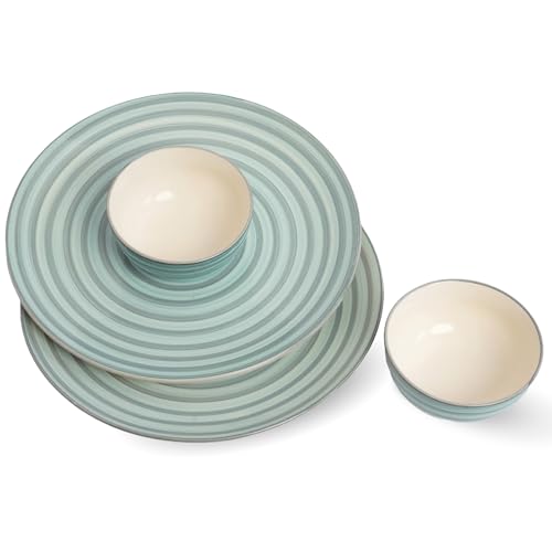 Image of Freakway Handcrafted 'Sea Swirls' Ceramic Dinner Set of 4 Pieces | 2 Ceramic Dinner Plates 10 Inches with 2 Serving Bowl Set | Microwave and Dishwasher Safe - Green