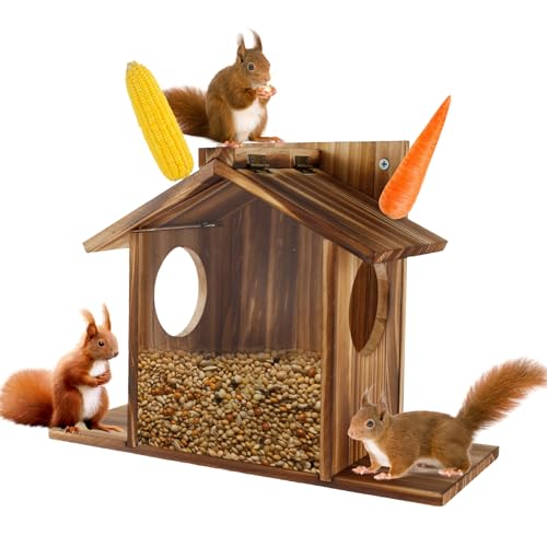 Wooden Squirrel Feeder House for Garden - Large Capacity Feeding Station With Flexible Roof - Chipmunk House for Backyard 32.5x12.5x21cm