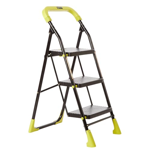 Image of Amazon Basics Dynamo - Foldable Step Ladder, Safety Clutch Lock, Anti Slip Steps, Knee Guard, Anti Skid PVC Shoes, 3 Steps (Steel, Black & Lime Green)