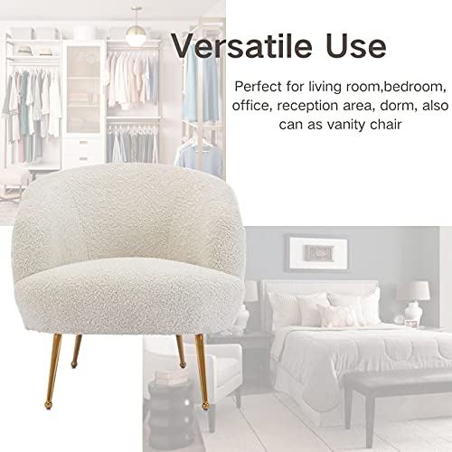 Faux Fur Modern Barrel Shape Leisure Accent Chair With Golden Metal Legs, Upholstered Lounge Armchair Vanity Chair For Living Room, Entryway, Bedroom, Creamy-White #TOP3