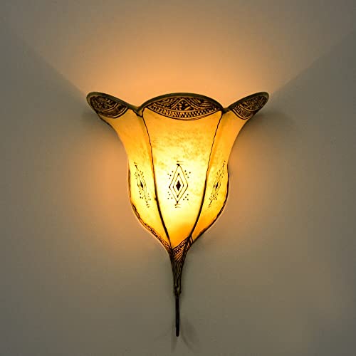 260262 Applique murale orientale d'intérieur en forme de fleur Blanc naturel 35 cm Vintage Henné marocain Armature en métal Abat-jour en cuir Lampe au...