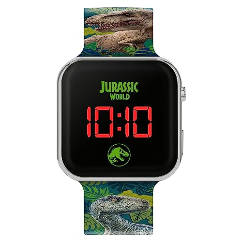 Jurassic World Relógio digital de quartzo infantil com correia de plástico JRW4100, estampado verde, correia