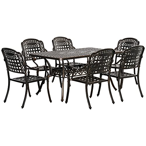 Outsunny 7-Piece Patio Dining Set, Cast Aluminum Outdoor Furniture Set with 6 Armchairs, 1 Table and Umbrella Hole, Bronze