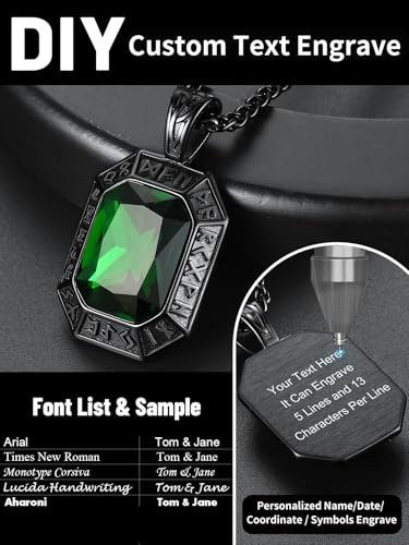 Image of ChainsHouse Viking Rune Pendant Necklace for Men Women, Punk Biker Black Metal /316L Stainless Steel Onyx Norse Vintage Amulet Necklaces with Black /Red /Green /Blue Gemstone, Send Gift Box