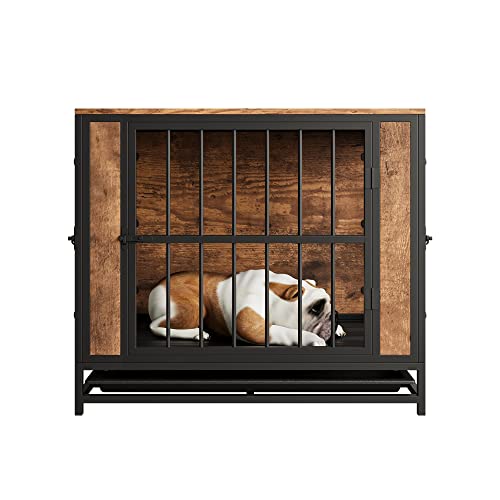 Dog Crate Furniture, Metal And Wooden Dog Crate, Dog Kennels With 3 Doors Indoor, Pet Puppy Crate End Table For Medium/Small Dog, Heavy Duty Dog House, Rustic Brown And Black #TOP7
