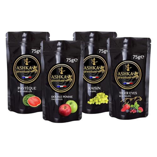 Ashka Premium goût chicha Pack Découverte 300g - 4 saveurs de 75g - arôme shisha Raisin, Pastèque, Double Pomme, Tiger Eyes
