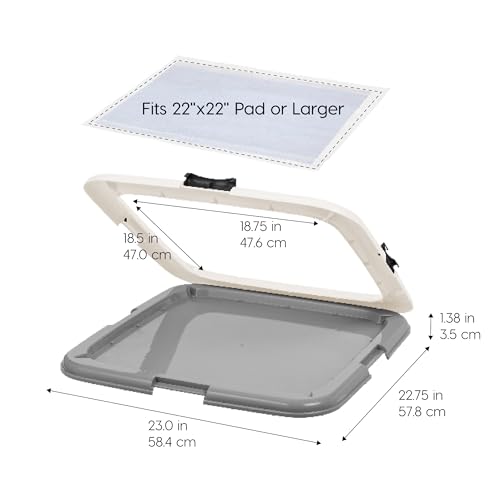 Image of IRIS USA Pee Pad Holder for Dogs and Puppies, Potty Training Tray with Secured Latches, Non-Skid Feet, Leak Protection, Easy Clean Surface, Fits 22 inchx 22 inch Puppy Pads Size or Larger, Dark Gray
