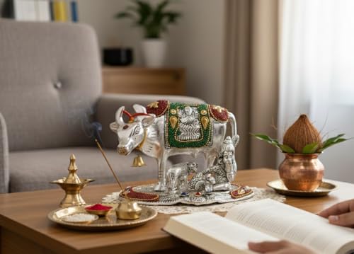 Image of KridayKraft Kamdhenu Cow,Calf with Bal Gopal Krishna Metal Statue for Good Luck,Feng Shui As Table Top Figurine,Vastu,Religious Gau MATA Idol Home,Office&Table Decorative,Animal