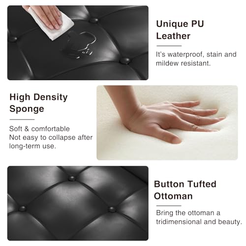 Vabches 30 Inch Round Storage Ottoman,Modern Button Tufted Coffee Table with Lift Top, Large Round Leather Ottoman Upholstered Footrest Stool Toy Blanket Storage for Living Room, Black