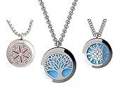 Wild Essentials 3 Pack Necklace Set, Tree of Life, Flower of Life, Love Knot Essential Oil Diffuser Necklace Stainless Steel Locket Pendants with 24' Chains, 36 Refill Pads, Color Changing Jewelry