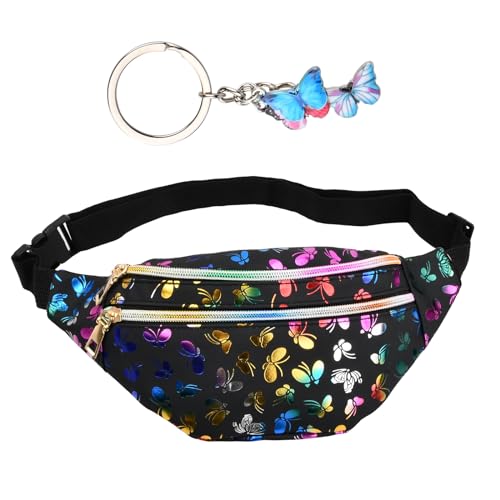Marsupio alla moda Shinny Butterfly per bambini impermeabile marsupio con cintura regolabile per donne ragazze per corsa shopping 31 x 13 x 8.5 cm leggero pelle sintetica nero