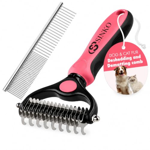 Image of Sinko Shedding Brush for Dog and Cat, Undercoat Rake & Comb with Extra-Wide Double-Sided Stainless Steel Teeth for Deshedding, Brushing, Removing Loose Fur, Knots, Mats & Tangles in Pets (pink)
