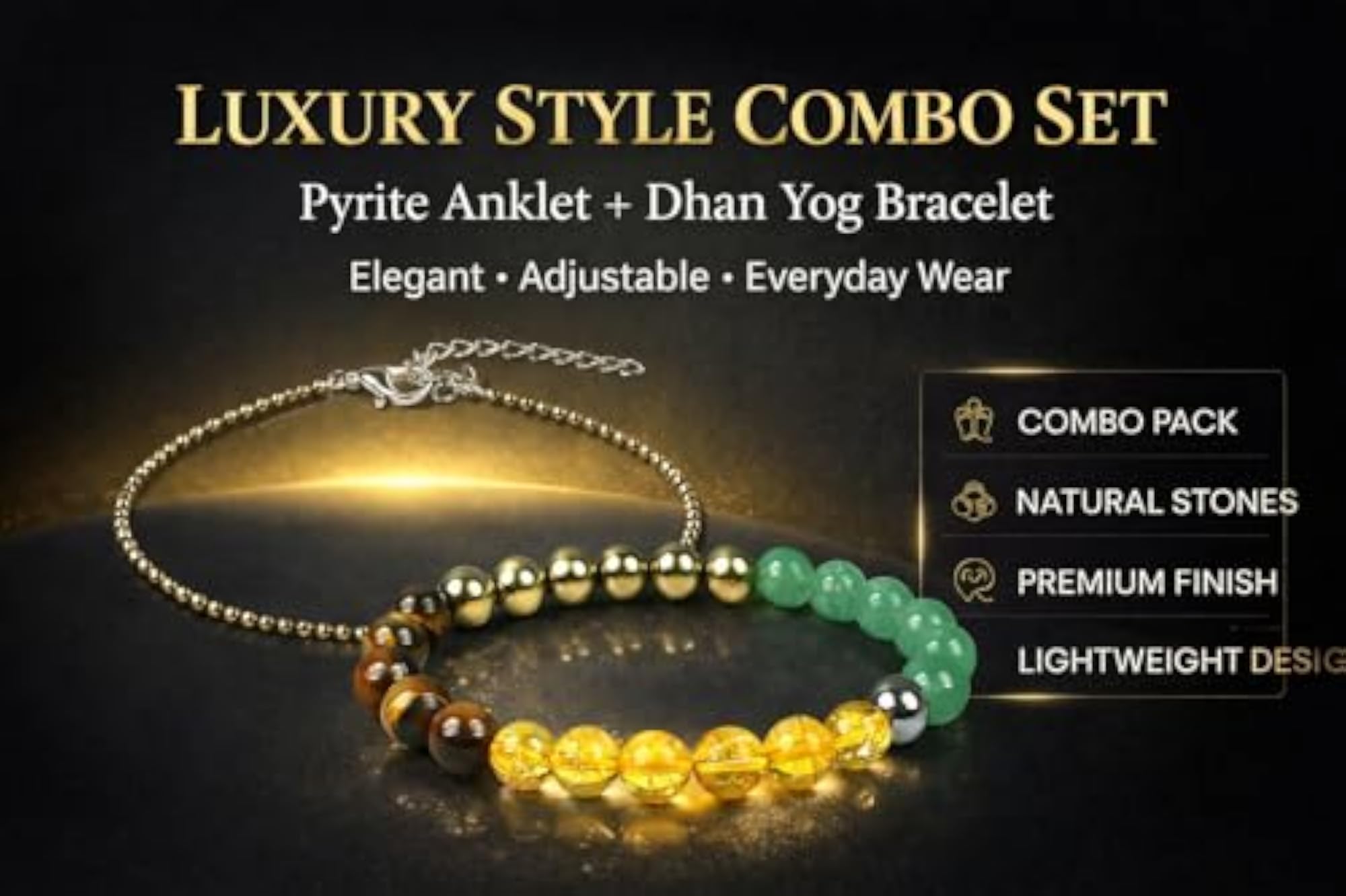 Natural Pyrite Anklet with Dhan Yog Bracelet Combo, Stylish Set