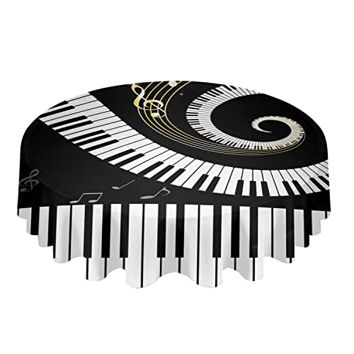 Warm Tour Black White Piano Keys Gold Notes Kitchen Table Cloth Waterproof Round Tablecloths,Music Instrumental Stave Swirl Spillproof Tablecover For Dining Room/Outdoor Parties/Bbq/Banquet #TOP1