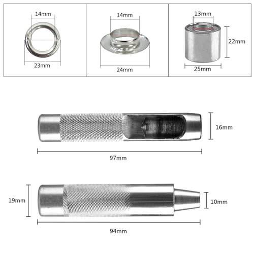 Ösen Werkzeug Kit 14 mm Tülle Ösen Scheiben – Set 120 Grommet Ösen mit Aufbewahrungsbox ✪ - 2