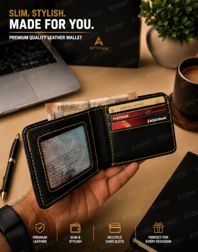 Image of B'Code Customised Original Leather Wallet for Men with Name, Personalized Purse Unique Stylish Gift for Brother, Husband, Boyfriend, Birthday, Rakshabandhan, New Year, Valentine's Day (Black)