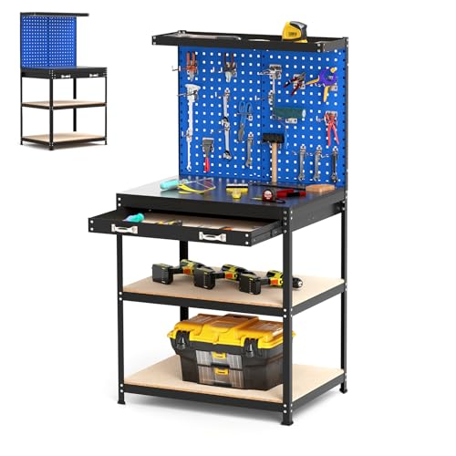 SOARS Werkbank mit Lochwänden, Werkzeugbank Metall mit 3 offenen Regalen & Zubehörteilen zum Aufhängen für Garage, Werkstatt (Blau, 81 x 41 x 156 cm) SOARS Werkbank mit Lochwänden, Werkzeugbank Metall mit 3 offenen Regalen & Zubehörteilen zum Aufhängen für Garage, Werkstatt (Blau, 81 x 41 x 156 cm)