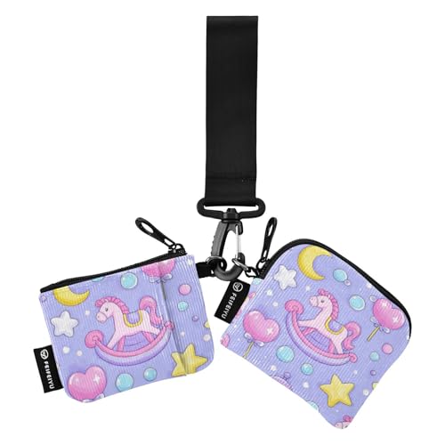 Cute Cartoon Rocking Horse Star Purple Peach Women's Card Cases Change Holder Minimalist Zipper Wallet Coin Bag with Zipper Coin Pocket for Lady 2 Packs tarjetero para Credit
