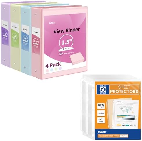 SUNEE Binder & Sheet Protector Bundle - 4 Binders & 50 Protectors For School & Office