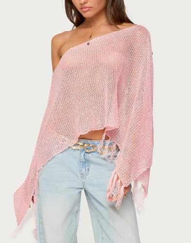 Women Sheer Poncho Top Fringed Off The Shoulder Hollow Out Knit Tops Sequin Crochet Poncho Shawl Cover Up Tops3