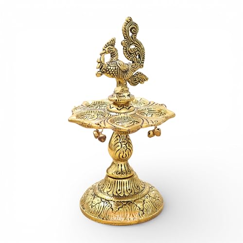 Image of Kridaykraft Metal Peacock Diya Samai Oil Lamp, Gold Finish, Traditional Indian Decor, 19 cm Height, 270 gm, Handcrafted Design