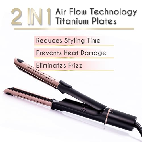 ELLA BELLA® Hair Straightener and Air Curler 2 in 1 • Titanium Flat Iron Curling Iron in One • Cooling Air Vents to Effortlessly Lock in Style • Multiple Looks, Professional Salon Results