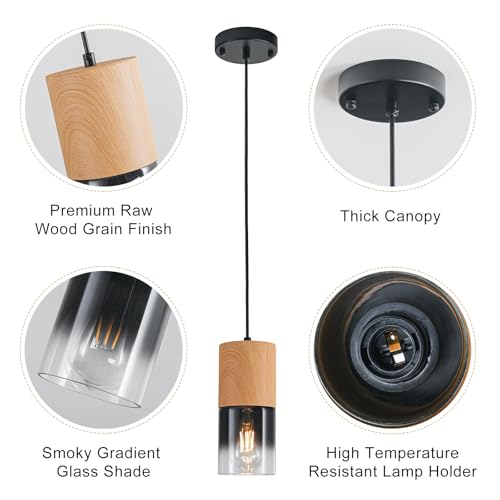 Image of 3-Pack Modern Pendant Lights for Kitchen Island, Adjustable Black Pendant Light Fixtures with Raw Wood Grain, Industrial Glass Pendant Lights for Dining Table Hallway Bedroom Living Room