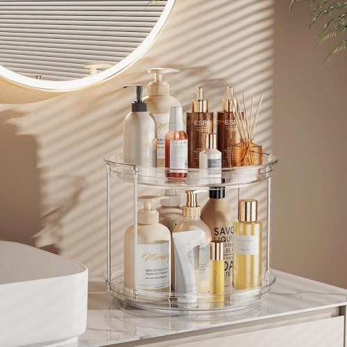 Image of Zollyss 2 Tier Lazy Susan Organizer Turntable | Clear 9.25 Inch Rotating | Counter-Top Kitchen Storage | for Pantry, Bathroom, Vanity | Keeps Clutter Control in Rooms