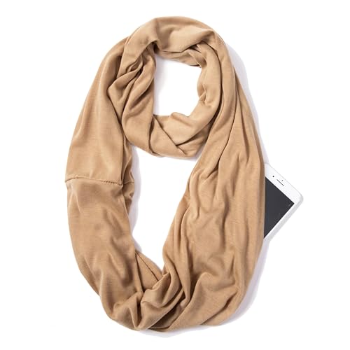 elzama Infinity Loop Solid Color Scarf With Hidden Zipper Pocket For Women, Travel Neck Wrap