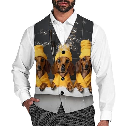 Dachshund Bathing in Bathtub Men's Suit Vests Business Formal Dress Vest V-Neck Waistcoat for Wedding Casual