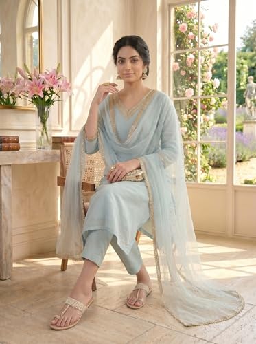 SHRITHI FASHION FAB Women's Blue Chanderi Silk Kurta Set Sky-Blue - Image 8