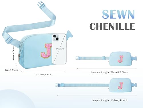 Image of COSHAYSOO Valentines Birthday Initial Gifts for Teen Girls 5 6 7 8 9 10 11 12 13 14 Year Old Blue Fanny Pack for Girls Belt Bag Crossbody Travel Purse Unique Trendy Fashion Stuff Chenille Letter J