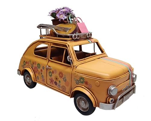 SIGNES GRIMALT - Vehículo grande Topolino 500 de metal, guitarra y flores, color amarillo, longitud 26 cm