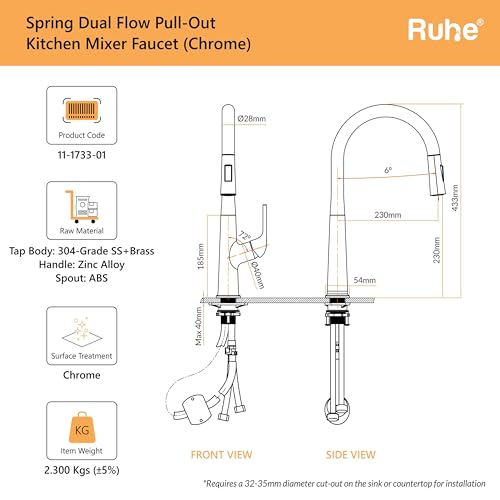 Image of Ruhe Spring Kitchen Sink Mixer Pull-Out Faucet Single Lever Tap with Dual Flow | Hot & Cold Water | Table Mounted Kitchen Sink Tap