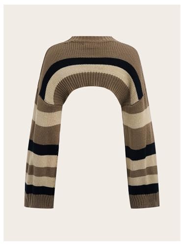 Image of SOLY HUX Women's Color Block Striped Cropped Sweaters Drop Shoulder Long Sleeve Pullover Crop Tops Brown Striped Small
