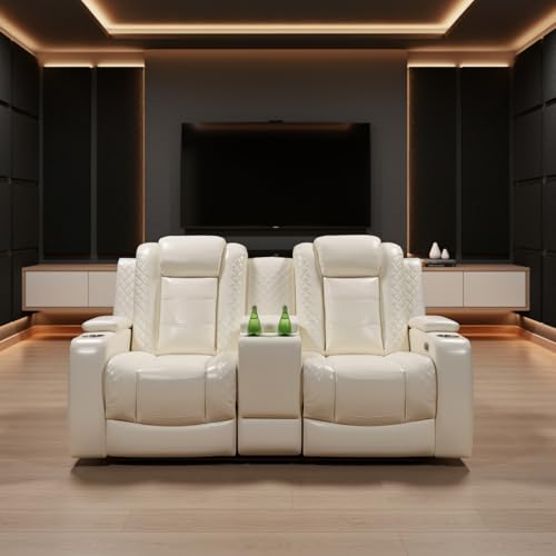 Image of Leather Recliner Loveseat Set, Power Leather Sectional Set with LED Light, Living Room Furniture Sets 2 Seats, Power Reclining Sofa Sets with Storage Console /Cup Holder for Living Room