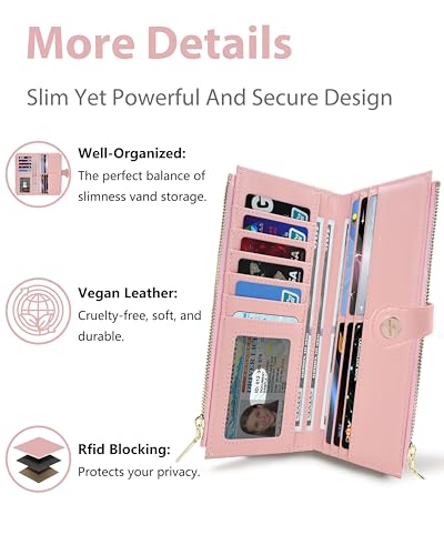 Image of Pink Women's Slim Wallet,Thin RFID Card Holder with Zipper Pocket | 12 Slot Wallet Organizer, Large Capacity, Vegan Leather, Coin Purse, Cash Compartment, Travel Wallet, Women Gift