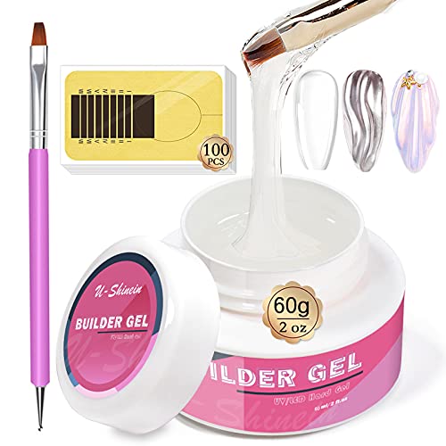 U-Shinein Builder Gel Nail Kit - 60g Clear Builder Nail Gel Extension Gel Set Nail Strengthen Gel Nail Art Manicure Set Builder Gel for Beginners Hard Nail Gel with 100 Nail Forms Nail Brush