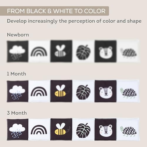 Image of Taf Toys Newborn Soft Activity Book Black & White High Contrast Baby Book Infant Sensory Toys Tummy Time Soft Cloth Books for Babies Textured Fabric Crinkling Shapes Patterns 0-12 Months Newborn Toys
