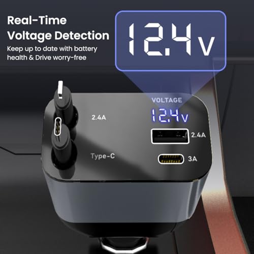 Image of Retractable Car Charger 4 in 1 Car Fast Charger 66W with Dual Retractable Cables & USB Port Compact Design for Efficient Charging Car Mobile Charger Fast Charging