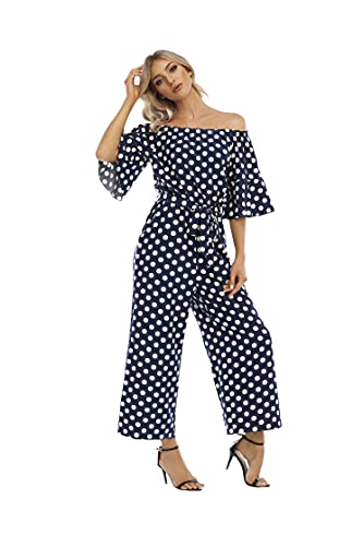 Love Welove Fashion Women's Summer Floral Off Shoulder Ruffled Short Sleeve High Waist Wide Leg Pants Casual Loose Jumpsuit Romper (Xl, Navy Polka Dot, X_L) #TOP2
