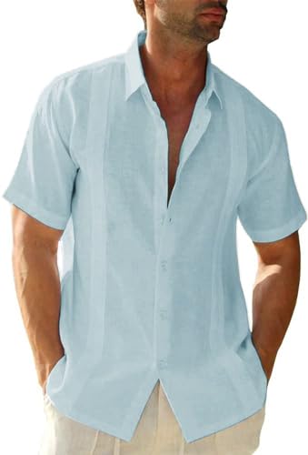 Friptspyg Hombre Camisa de Lino para Manga Corta Estilo Casual y Ajuste Regular Fit Cubana Camp Guayabera Camisa de Verano, Azul Menta XL