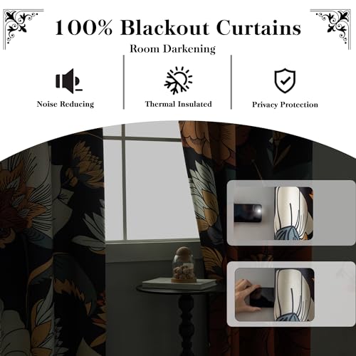 Image of Tyrot Black Boho Floral Blackout Curtains for Sliding Glass Doors 84 inch Length Extra Wide Curtains for Patio Sliding Door Living Room, Grommet Room Divider Thermal Insulated Curtains, W100 x L84
