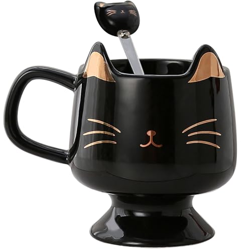Yuwu Ceramic Coffee Mug, Cute Cat Tea Mug with Spoon, Funny Gifts for Women Girls for cat lovers (Black)