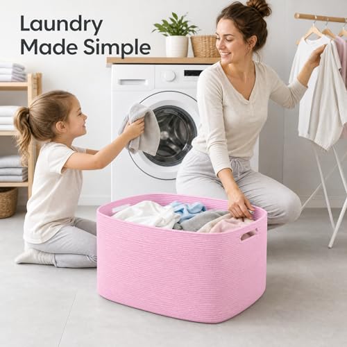 Image of Cotton Rope Laundry Basket Extra Large, 22.8GAL Collapsible Woven Storage Baskets for Living Room Kids Toys Stuffed Animal,Boho Rectangular Decorative Hamper for Dirty Clothes, Blankets Light Pink