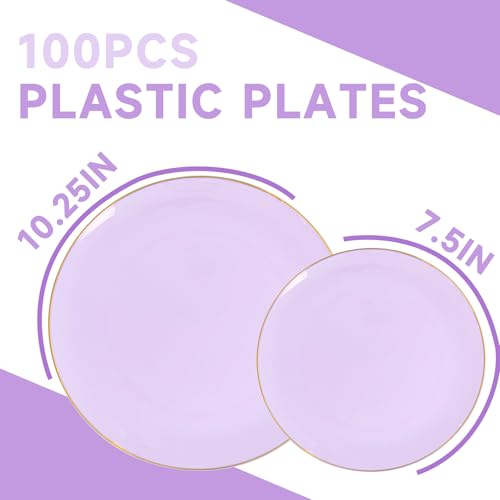 PULOTE 100PCS Purple Plastic Plates Disposable - Include 50 Dinner / 50 Dessert Plates Heavy Duty for Party, Wedding&Easter - Thumbnail 2