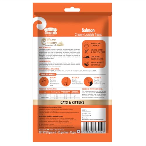 Image of Grain Zero Creamy Lickable Cat Treats (75g x 5 Pouches) Total 375g | Salmon | Promotes Hydration | No Artificial Preservatives | Best for Training & Bonding | for Kitten & Adult