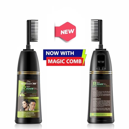 SkinSmart 360 No-Stain Hair Dye Shampoo for Men & Women, Natural Ingredients, Ammonia-Free, Up to 100% Gray Coverage, Easy No-Mix Application, 200 mL, Pack of 1 (Dark Brown + Magic Comb)